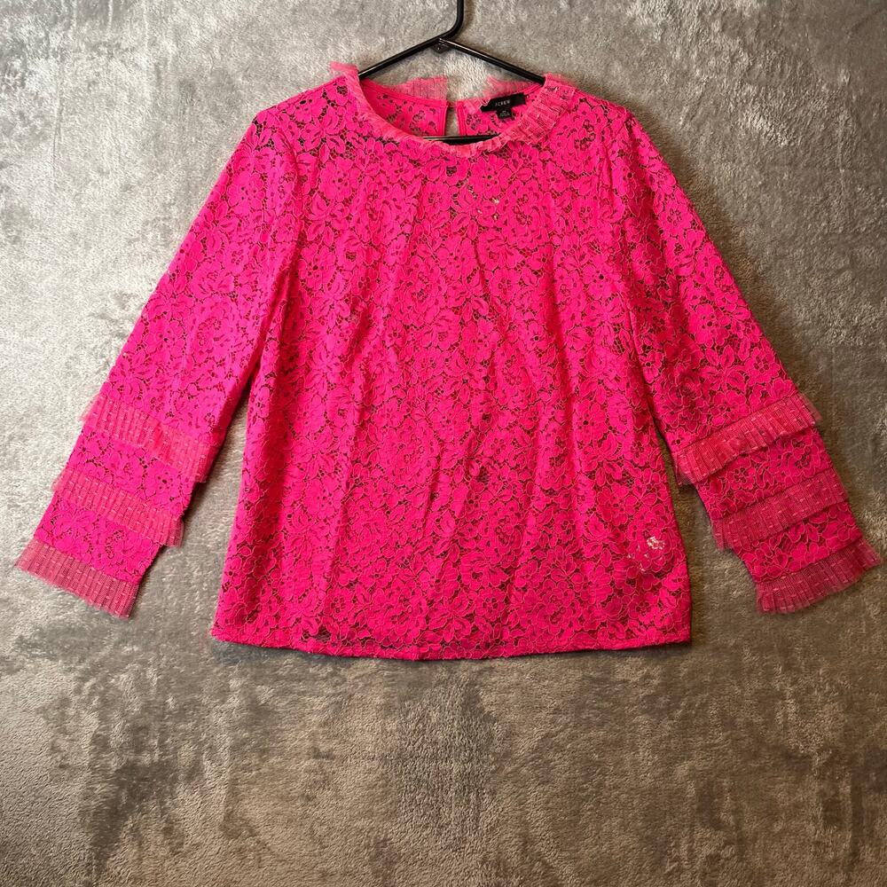J. Crew Lace Top Tulle Ruffle Sz Medium Soft Fuchsia Pink‎ Lace Romantic New